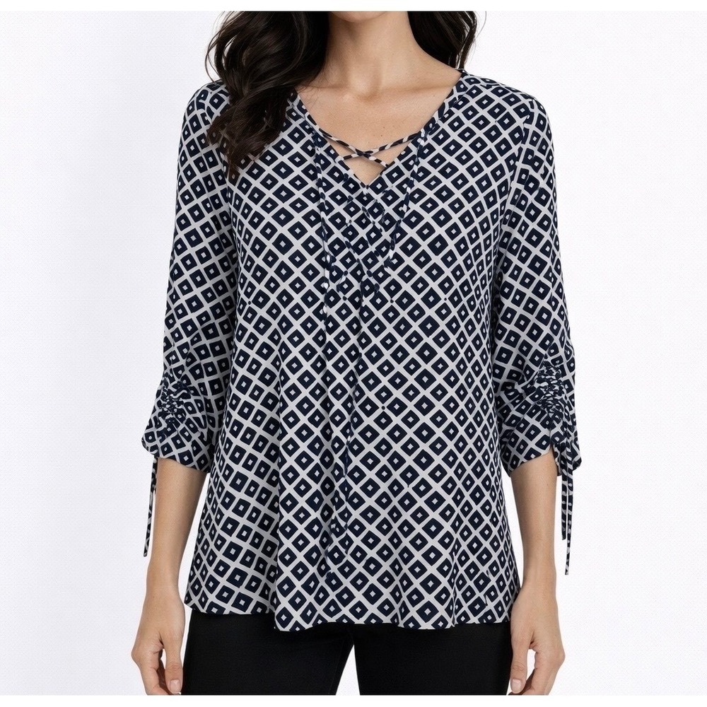 Jones New York Women XL Black White Geometric Ikat Lace Up Ruched Sleeve Tunic